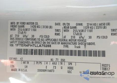 2020 Ford Ranger Xl из США, поврежденный, VIN 1FTER4FH7LLA70288